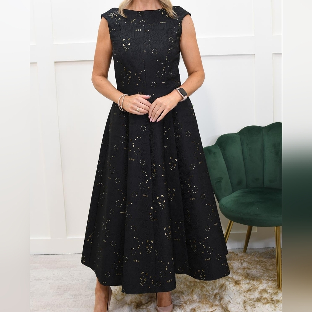 NWT Carla Ruiz Black Jacquard Dress With Gold Stitching and Pockets